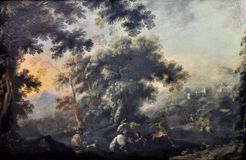 Pandolfo Reschi (1624 -1699) - Chasse au cerf dans un paysage boisé - Tableaux et dessins Style Louis XIV